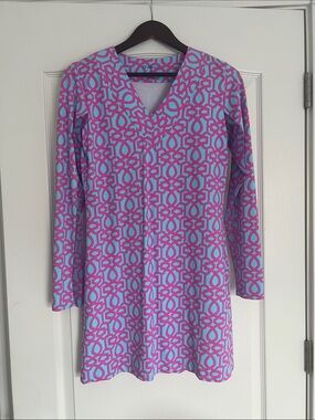 Ibkul Printed V-Neck Partial Mesh Long Sleeve Midi Dress Pink Blue Geometric S
